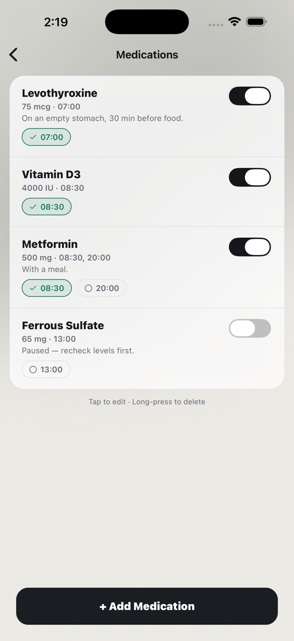 Nourro's medication reminders, showing doses taken and outstanding