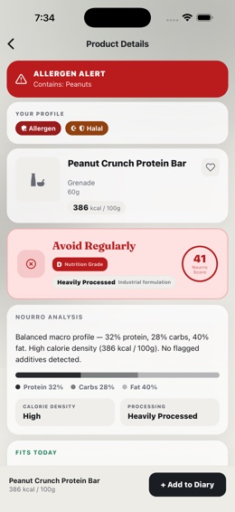 The allergen alert on a scanned protein bar
