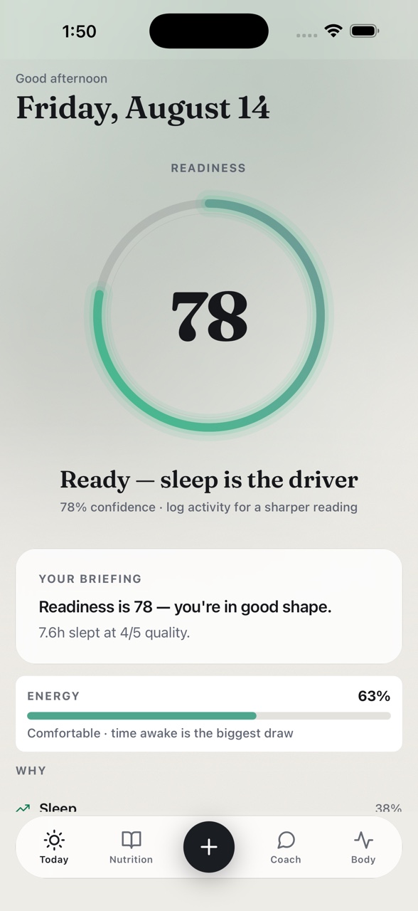 Nourro's Today screen showing a readiness score of 70